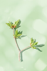 Obraz premium Top view green leaf at sunlight in minimal style on pastel green background with sunny highlight. Natural tree branch with new spring leaves, monochrome photo, botanical design, spring flat lay