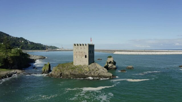 Aerial view of Kiz Kalesi- Girl Castle in Rize. 4K Footage in Turkey