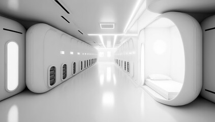 Futuristic white cosmic interior capsule hotel - 575944303