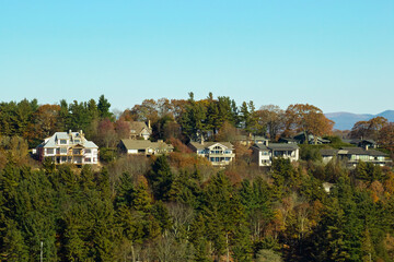 Fototapeta na wymiar View from above of expensive residential houses high on hill top between yellow fall trees in suburban area in North Carolina. American dream homes as example of real estate development in US suburbs