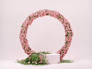 3d spring floral scene with podium display on pink pastel background