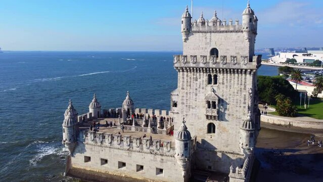 Belem Tower in Lisbon, Portugal. Drone view