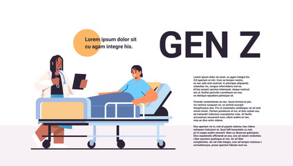 nurse taking care of sick male patient lying in hospital bed generation Z lifestyle care service concept horizontal