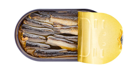 Sprats in oil, opened can of canned fish, top view, isolated on white background with clipping path