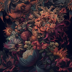Detailed painting of many different types of decorative flowers pattern on dark background. Generative AI illustration.