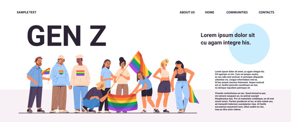 mix race people holding lgbt rainbow flags gay lesbian love parade pride festival transgender love generation Z concept