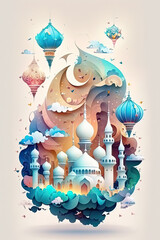 ramadan Muslim mosque colorful with the lanterns, Generative Ai,