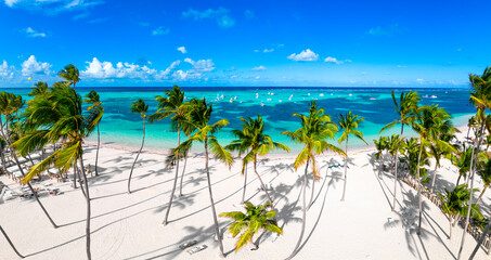 Fototapeta Aerial panorama of white sand Bavaro beach with green coconut palm trees and turquoise color of the Caribbean sea. Best destinations for vacations in Dominican Republic  obraz