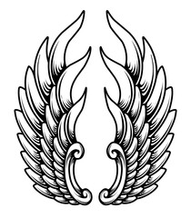 A black and white illustration of a pair of angel wings.