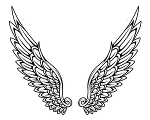 A black and white illustration of a pair of angel wings.