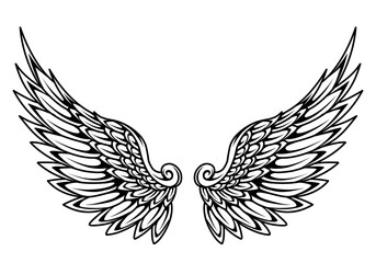A black and white illustration of a pair of angel wings.