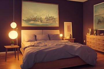 a bed with a painting of a heart on the wall above it and a nightstand with a lamp and a vase on the side of the bed.  generative ai