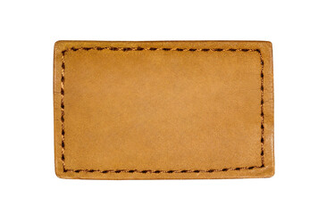 Square leather label brown from denim pants, empty space to copy text, isolated on white background with clipping path