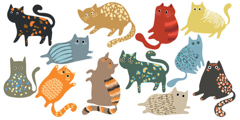 Cute and funny cats doodle vector set. Cartoon cat or kitten characters design collection with flat color in different poses. Set of purebred pet animals isolated on white background.