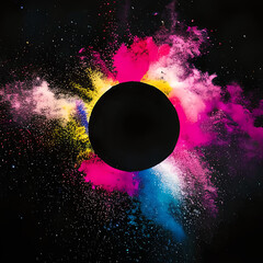 Black Graphic Circle surrounded by coloured powder explosions, created using Generative Ai Technology.