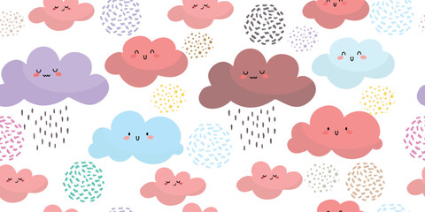 Cute colorful clouds smiling face seamless background with dots, patterns, white repeating vector illustration