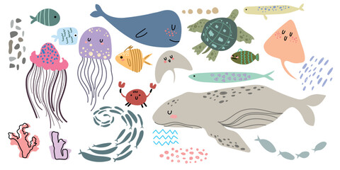 Cute vector ocean set with sea creatures for girls and boys summer baby shower and birthday party design. Jellyfish, Crab, Turtle,  Fish, stingray, Whale.