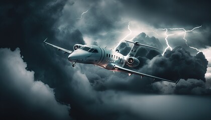 Airplane flying through storm clouds with lightning generate ai