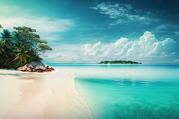 beach with palm trees blue sky, Generative Ai