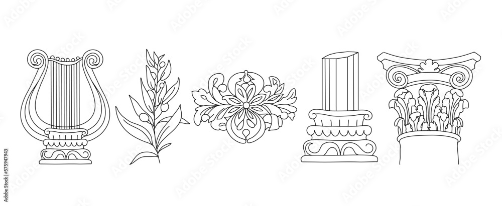 Wall mural Art  of sculpture objects for the exhibition of classical and contemporary painting, music. Hand illustrations, plaster antique statues, pillar and harp. Drawings for poster. Ancient Greece