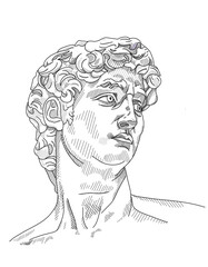 Art  of sculpture objects for the exhibition of classical and contemporary painting, music. Hand illustration, David plaster bust, antique statue. Drawings for poster. Ancient Greece