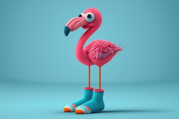 AI cartoon flamingo in socks standing in blue studio