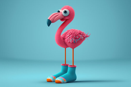 AI cartoon flamingo in socks standing in blue studio