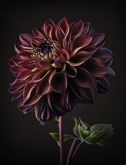 Gorgeous gradient purple dahlia flower with leaves. Flower isolated on a black background. Close up. Floral design for prints, postcards or wallpaper.