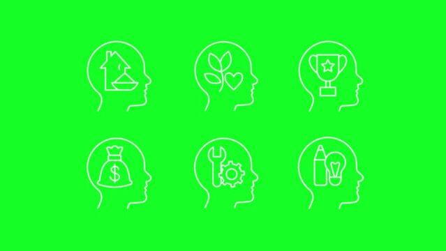 Animated mindset white line icons. Intrinsic motivation. Psychology. Loop HD video with chroma key, alpha channel on transparent background, black solid background. Outline motion graphic animation