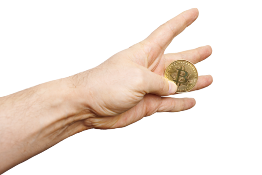 a hand on a transparent background between the fingers is pressed a Bitcoin coin