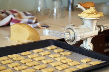 Praparation of homemade Christmas cookies - pressing dough through a mincer