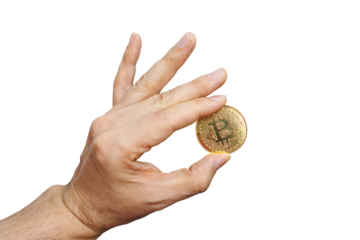 the fingers of a man hold a Bitcoin coin on a transparent background