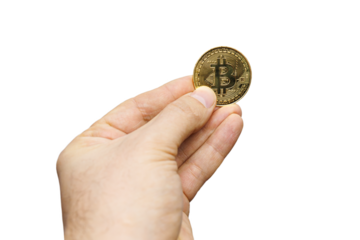 a man with two fingers holds a bitcoin cryptocurrency on a transparent background