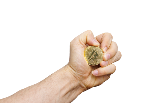 a man clenched a Bitcoin coin in a fist on a transparent background