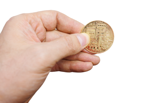 in the hands of a man is a Bitcoin coin that he holds with his fingers, on a transparent background