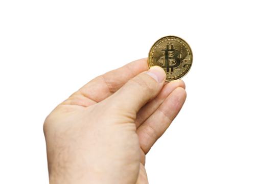 a man with two fingers holds a bitcoin cryptocurrency on a transparent background