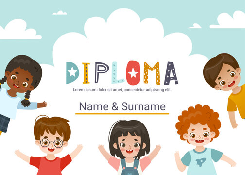 Diploma template with cartoon happy kids. Certificate design with diverse children for competition.