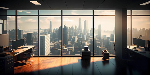 View from inside a high floor office. Glass windows. Generative AI.