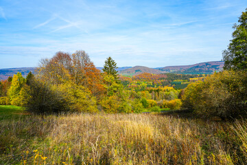 Fototapeta premium View of nature and the Rhön near Riedenberg. Autumn forest in the low mountain range. 