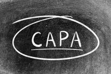 White chalk hand writing in word CAPA (abbreviation of corrective action and preventive action) and circle shape on blackboard background