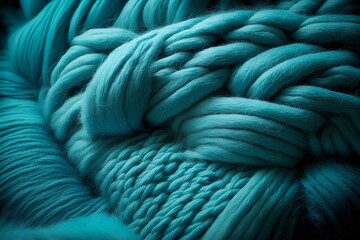 Bright turquoise woolen threads. Brains from yarn macro view knitting hobby needlework. Handmade natural rope skein warm clothes. Traditional knitting wool supplies