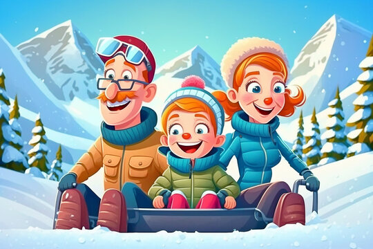 Cartoon style illustration of a smiling happy family have fun at winter vacation on snow - AI generative
