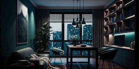 Modern dark style apartment, luxurious and contemporary. Dark colors. Well lit with lamps. Generative AI.