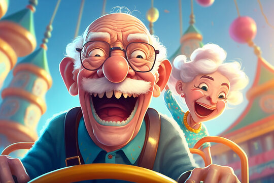 Illustration cartoon stile of smiling elderly couple have fun in the Lunapark - AI generative