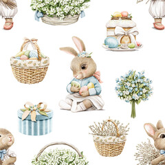 Watercolor seamless pattern with vintage Easter rabbits bunny, flowers bouquet in wicker basket, cake and gift box isolated on white background. Watercolor hand drawn illustration sketch © Mimomy