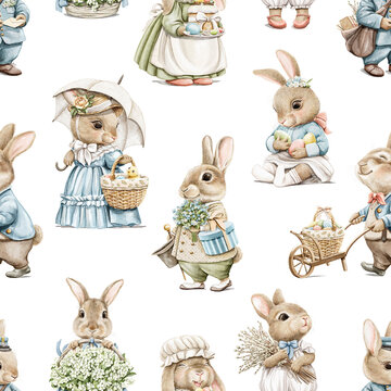 Watercolor seamless pattern with Easter rabbits bunny in vintage clothes isolated on white background. Watercolor hand drawn illustration sketch