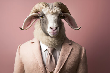 Portrait of a ram dressed in a formal business suit, character, generative ai