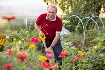 Portrait of an mature man with shovel in backyard of country house