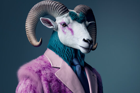 Portrait of a ram dressed in a formal business suit, character, generative ai