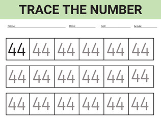 Number 44. card for kids learning to count and to write, worksheet for kids to practice writing skills, Vector illustration
